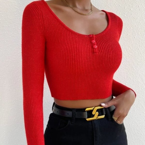 Scoop Neck Button detailed Cropped Rib-Knit Red Sweater top - Picture 5 of 7
